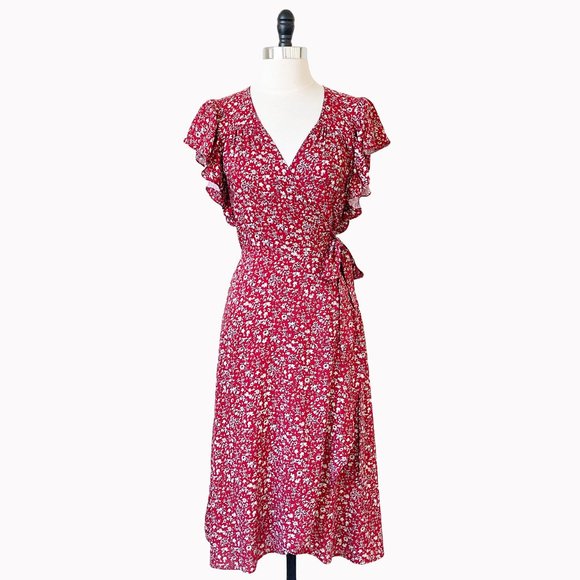 cameo Dresses & Skirts - Red Scattered Floral Rayon Blend Short Sleeve Wrap Dress, Medium